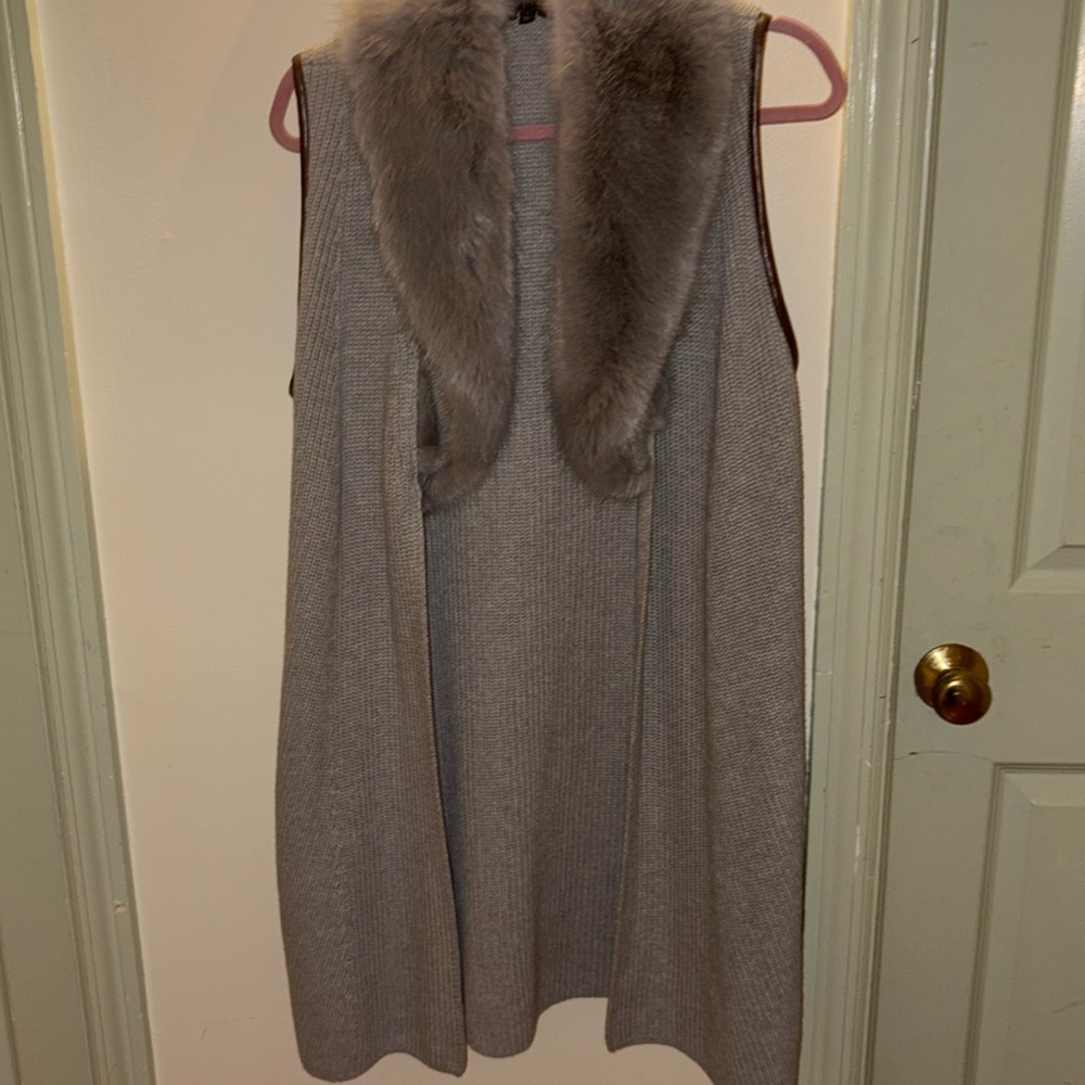 Lower Price!!!Talbots Faux Fur Collar Rib Knit Duster Length Vest in Dove Gray